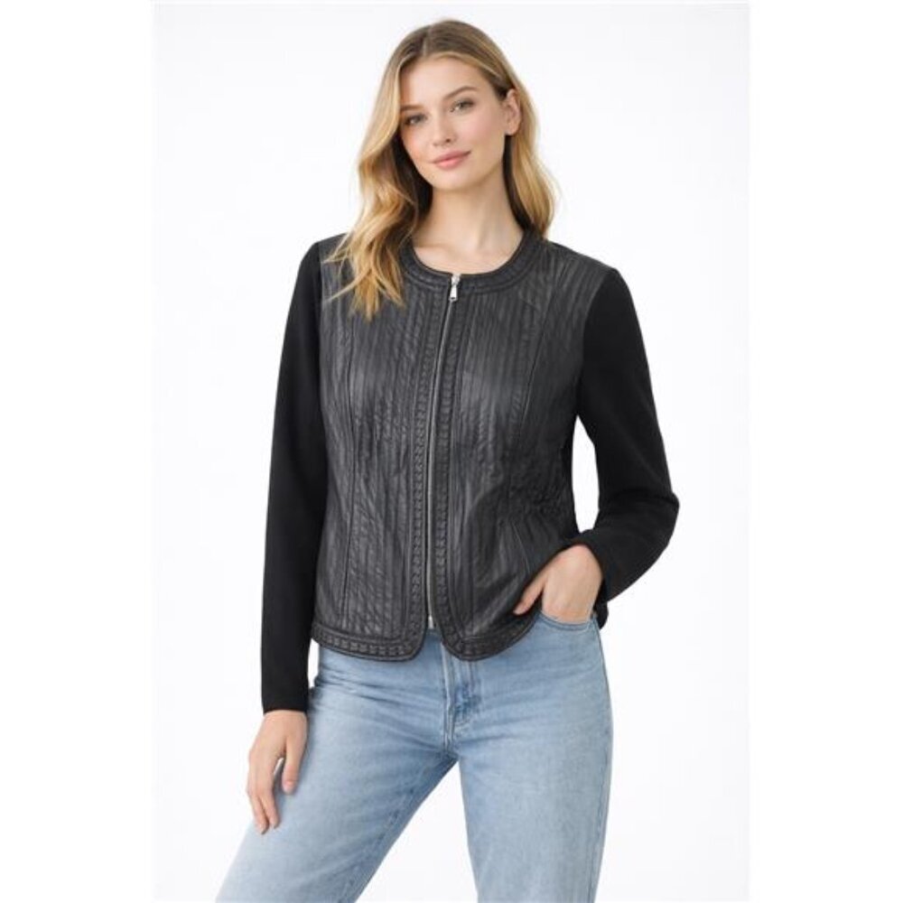 Nygard Collection Leather Sweater Jacket Womens L Black Knit Full Zip 90s Y2K